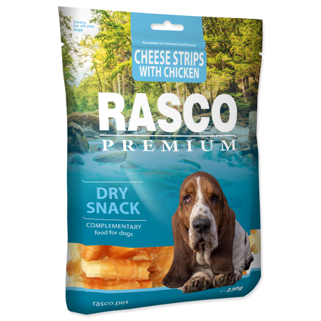 Pochoutka RASCO Premium proužky sýru obalené kurecím masem 230g